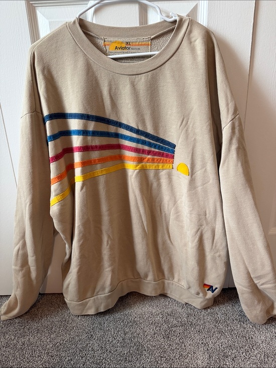 Aviator Nation Tops - Aviator Nation Women’s Tan Crewneck with Retro Rainbow Stripes